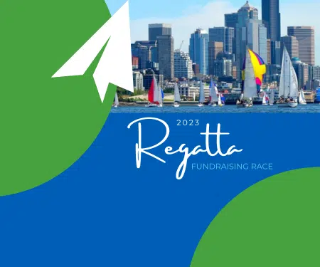 Image of the seattle skyline and the title name of event: Regatta Fundraising Race