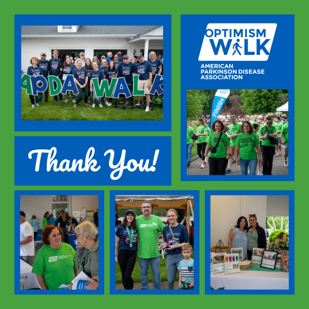Collage of photos from the Optimism Walk event, featuring group gatherings, walkers, and booth displays with "Thank You" and event logo.