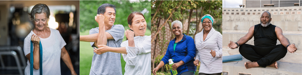 4 photos of people exercising. One woman with resistance band, a couple stretching, two women friends out walking, and one man meditating